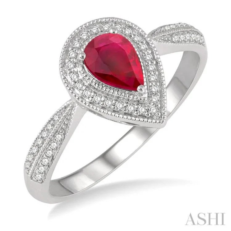 Trendy Gold Ring for Women-1/6 Ctw Pointed Shank 6X4MM Pear Cut Ruby & Round Cut Diamond Precious Ring in 10K White Gold