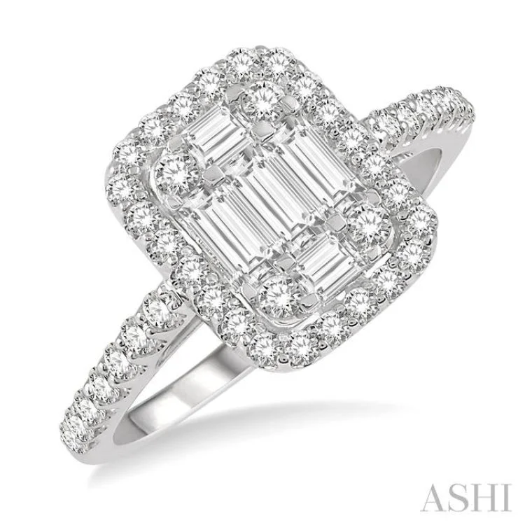 Chunky Gemstone Ring for Statement-3/4 Ctw Baguette & Round Cut Fusion Diamond Ring in 14K White Gold