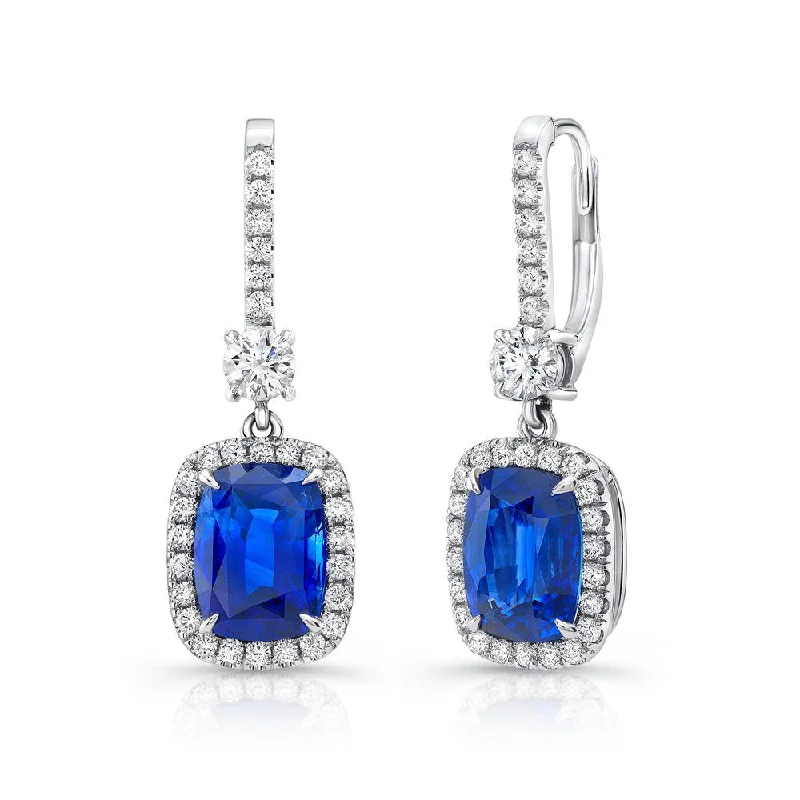 Artistic Drop Earrings for Fashion Lovers-Uneek Cushion-Cut Blue Sapphire Dangle Earrings with Smaller Sapphire Accents