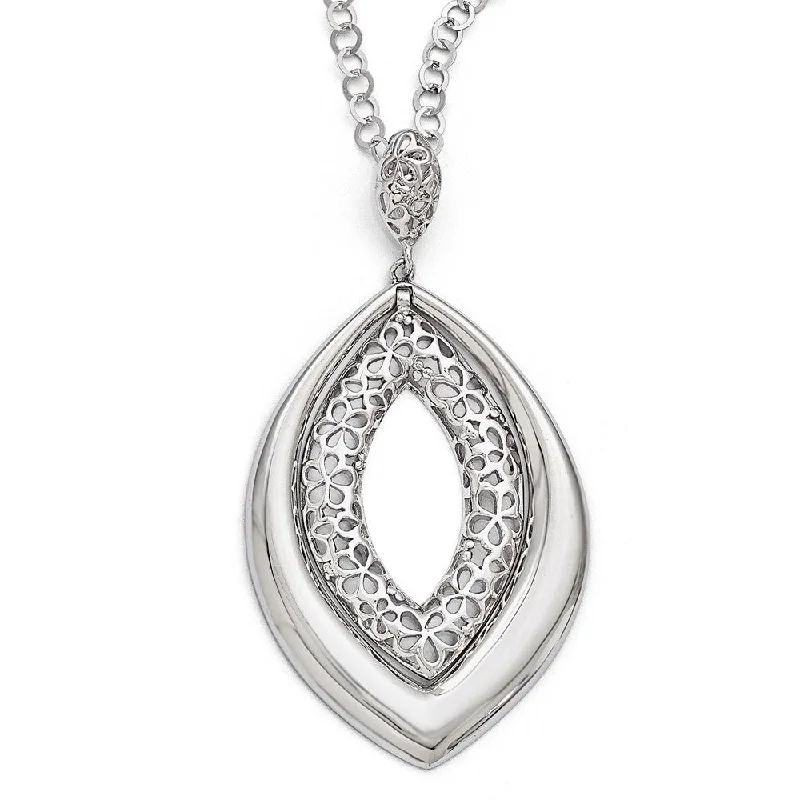 Layered Silver Necklace for Trendy Look-Polished and Floral Marquise Shaped Necklace in Sterling Silver, 18 in