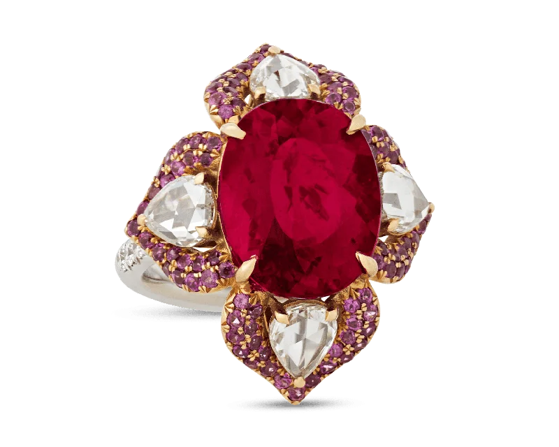 Wedding Ring with Custom Engraving-Floral Rubellite Tourmaline Ring, 9.41 Carats