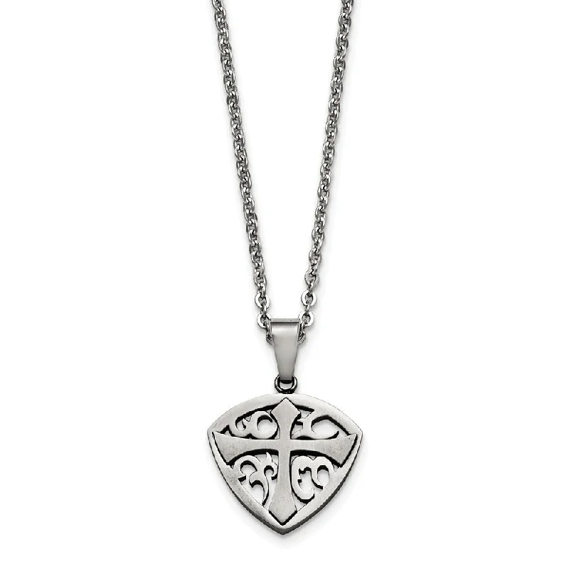 Pendant Necklace for Casual Style-Polished and Brushed Shield Cross Necklace in Stainless Steel, 20 Inch