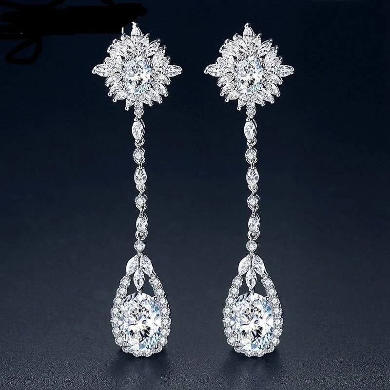 Diamond Drop Earrings-MEC-008 Flower Bridal Earrings Long Chain Earrings Wedding Accessories