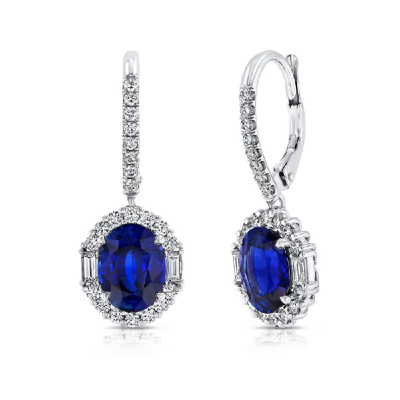 Gorgeous Earrings for Party Nights-Uneek Oval Blue Sapphire Dangle Earrings with Round and Baguette Diamond Halos