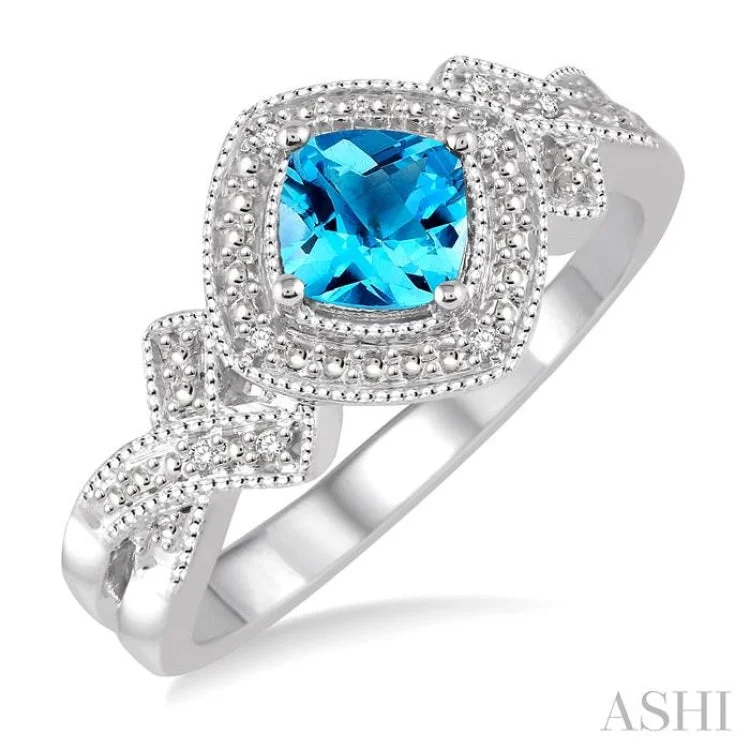 Wedding Ring with Diamond Accent-1/50 Ctw Cushion Cut 5x5mm Blue Topaz & Round Cut Diamond Sterling Silver Ring