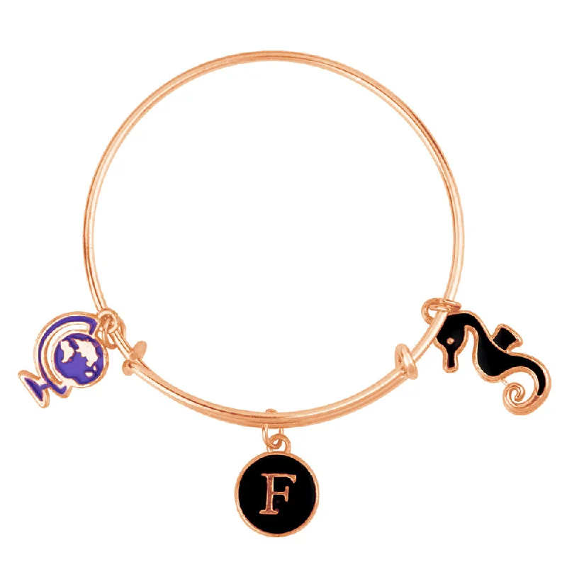 Classic Silver Bangles for Daytime Looks-Mahi F Letter & Sea Horse Shaped Rose Gold Plated Enamel Work Charms Kids Bracelets for Kids (BRK1100973Z)