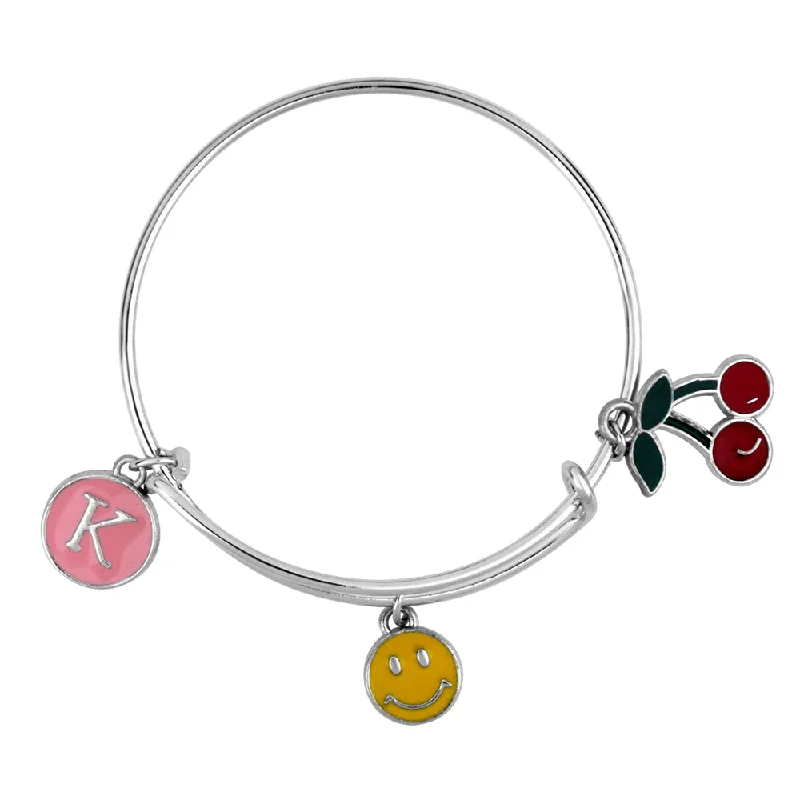 Customizable Bangles for Unique Gifts-Mahi K Letter Smiley & Cherry Shaped Rhodium Plated Enamel Work Charms Kids Bracelets for Kids (BRK1100967R)