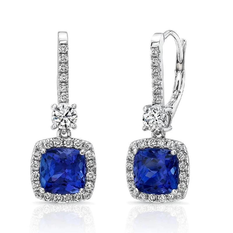 Elegant Stud Earrings for Weddings-Uneek Precious Collection Halo Cushion Cut Tanzanite Dangle Earrings