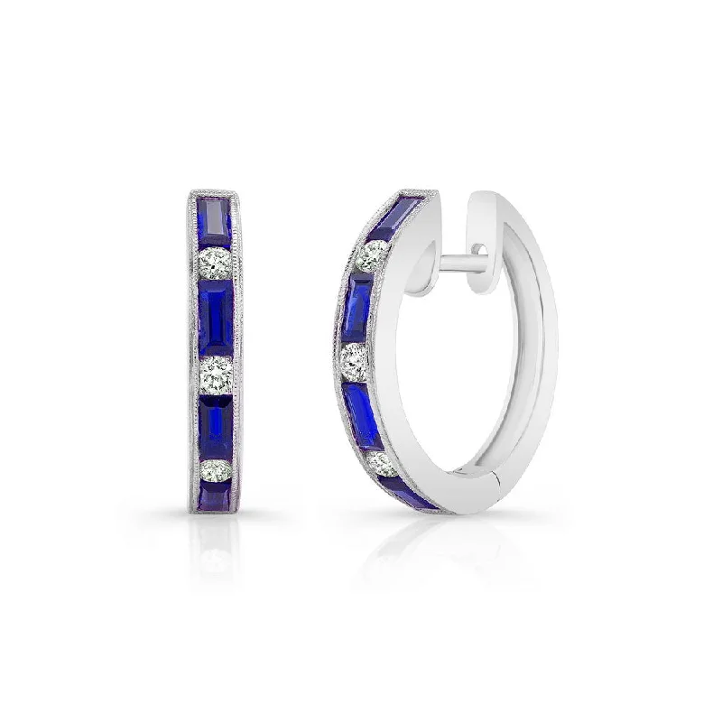 Elegant Diamond Earrings for Women-Uneek Precious Collection Princess Cut Blue Sapphire Huggie Earrings