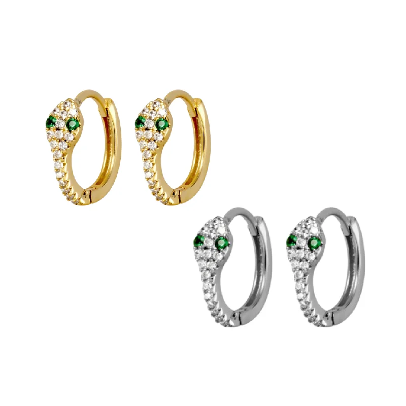 Sterling Silver Earrings-Sterling Silver Sleepers - CZ Snake with Green Eyes