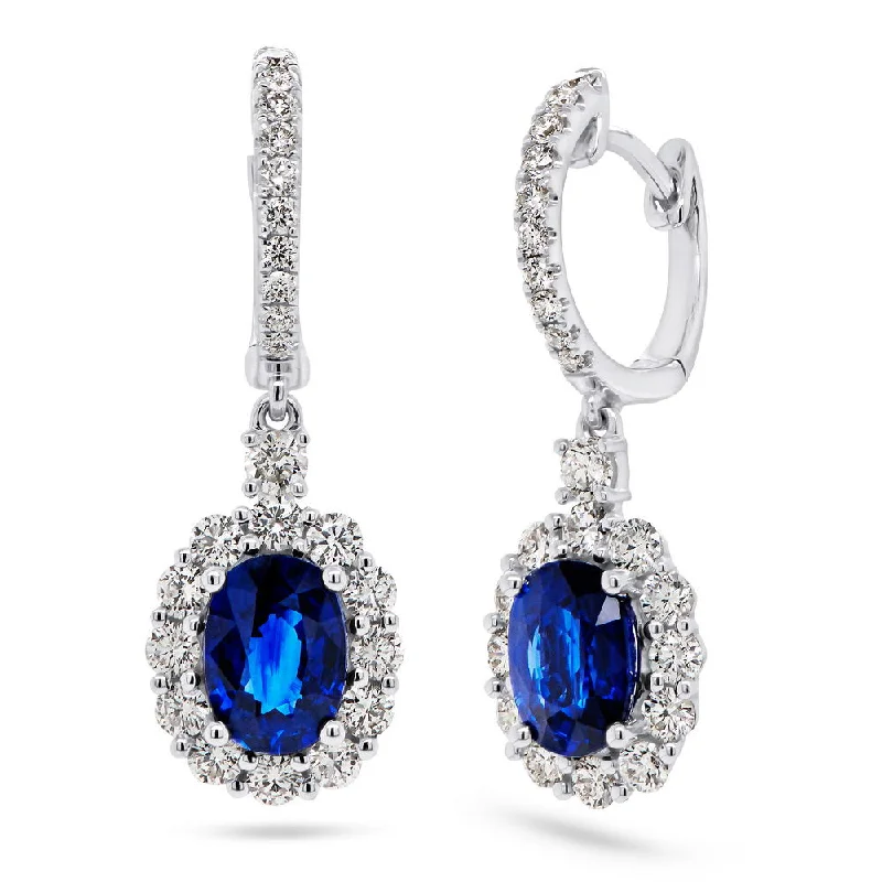 Statement Earrings for Bold Fashion-Uneek Precious Collection Halo Oval Shaped Blue Sapphire Dangle Earrings