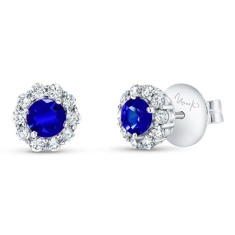 Statement Earrings for Weddings-Uneek Precious Collection Halo Round Blue Sapphire Stud Earrings