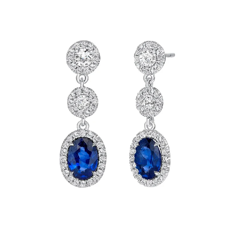 Unique Earrings for Special Occasions-Uneek Precious Collection Halo Oval Shaped Blue Sapphire Dangle Earrings