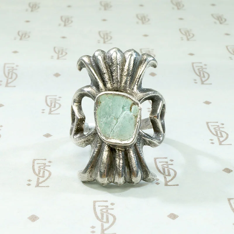 Antique Style Diamond Ring for Women-Navajo Sand Cast Silver Ring with Pale Green Turquoise