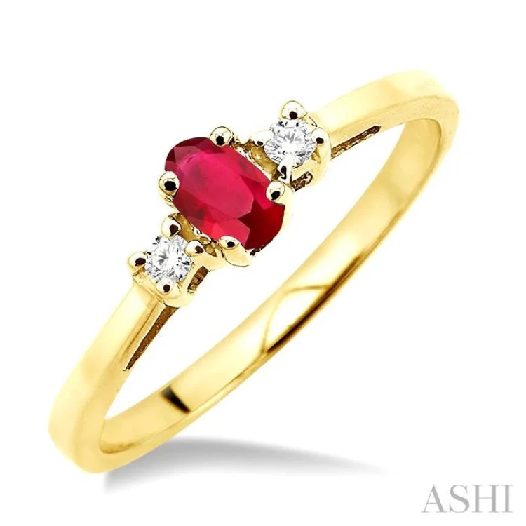 Vintage Gold Ring for Special Occasions-5x3mm Oval Cut Ruby and 1/20 Ctw Round Cut Diamond Ring in 10K Yellow Gold