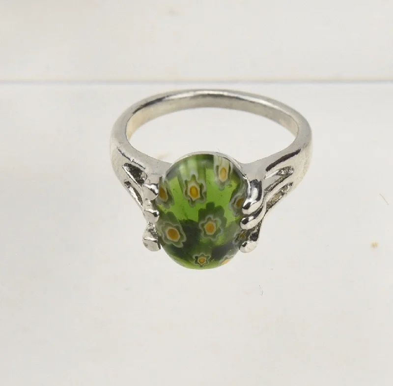 Custom Wedding Band with Initials-Green Millefiori Glass Ring - Size 9