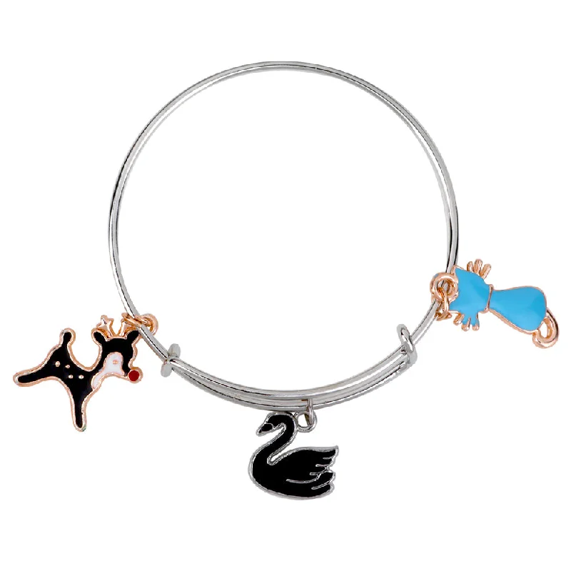 Silver Bangles with Modern Design for Women-Mahi Dog Duck & Cat Shaped Enamel Work Charms Kids Bracelets for Girls (BRK1100950M)