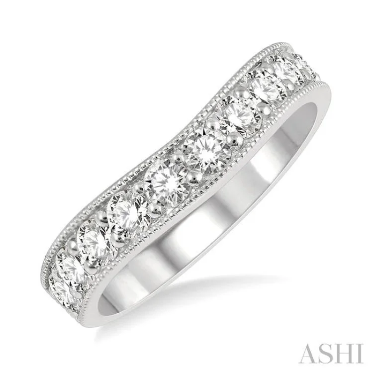 Wedding Ring with Custom Engraving-1 Ctw Arched Round Cut Diamond Wedding Band in 14K White Gold