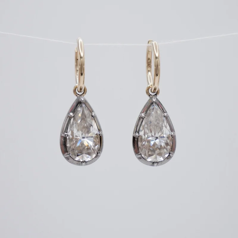 Gold Plated Earrings for Women-4 ct Pear-Shaped Moissanite Georgian Blackened and Yellow Gold Earrings Antique Inspired