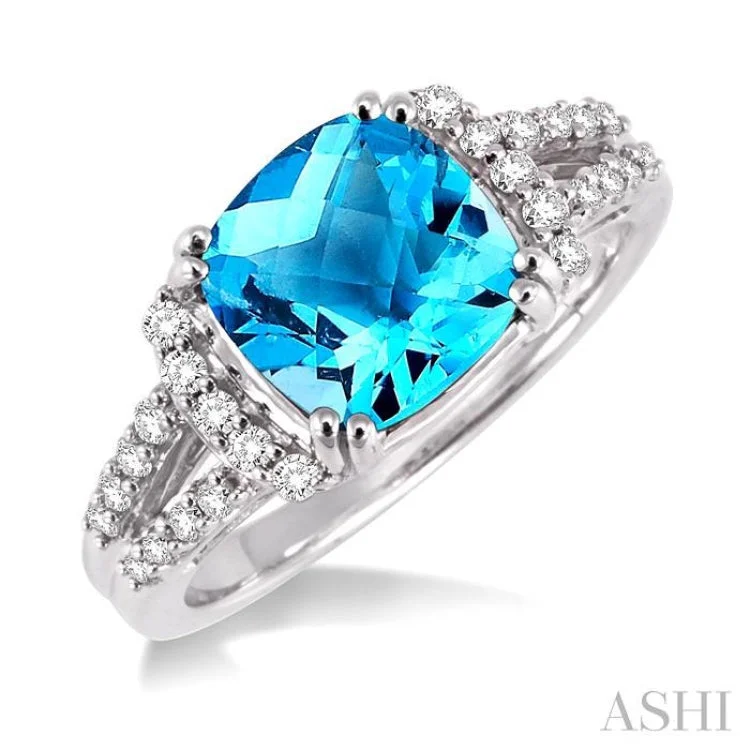 Unique Promise Ring for Her-8x8MM Cushion Cut Blue Topaz and 1/4 Ctw Round Cut Diamond Ring in 14K White Gold