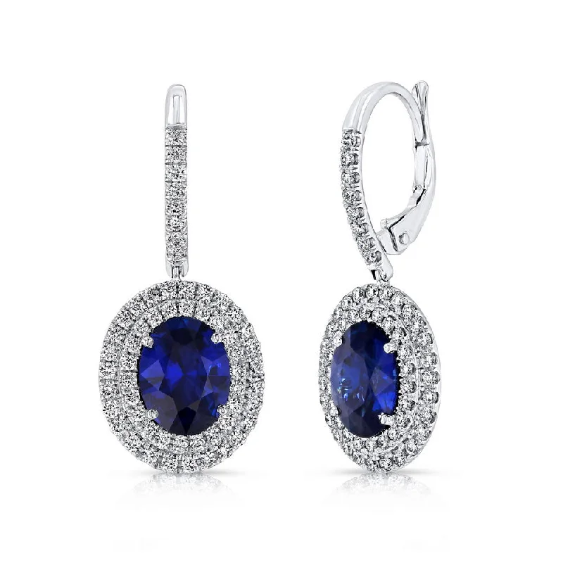 Timeless Earrings for Special Occasions-Uneek Oval Blue Sapphire Drop Earrings with Diamond Double Halos