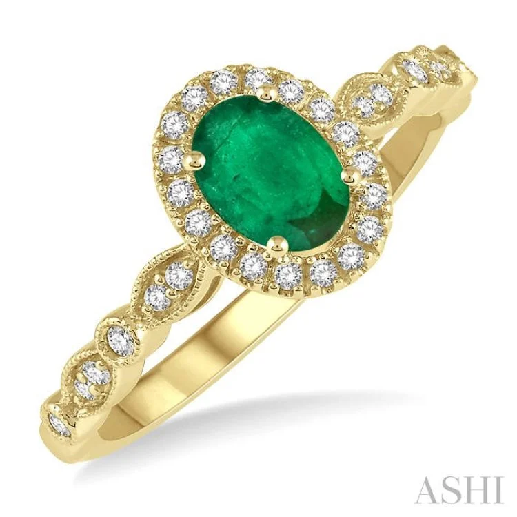 Stackable Rings for Women-1/6 Ctw Oval Shape 6x4mm Emerald & Round Cut Diamond Precious Ring in 10K Yellow Gold