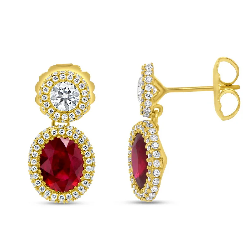 Dangle Earrings for Women-Uneek Precious Collection Halo Oval Shaped Ruby Dangle Earrings