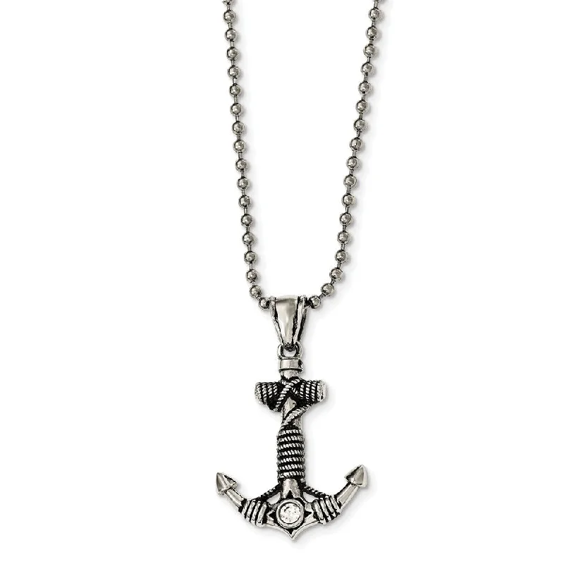 Multi-layer Necklace for Fashion-Polished and Antiqued CZ Anchor Necklace in Stainless Steel, 20 Inch