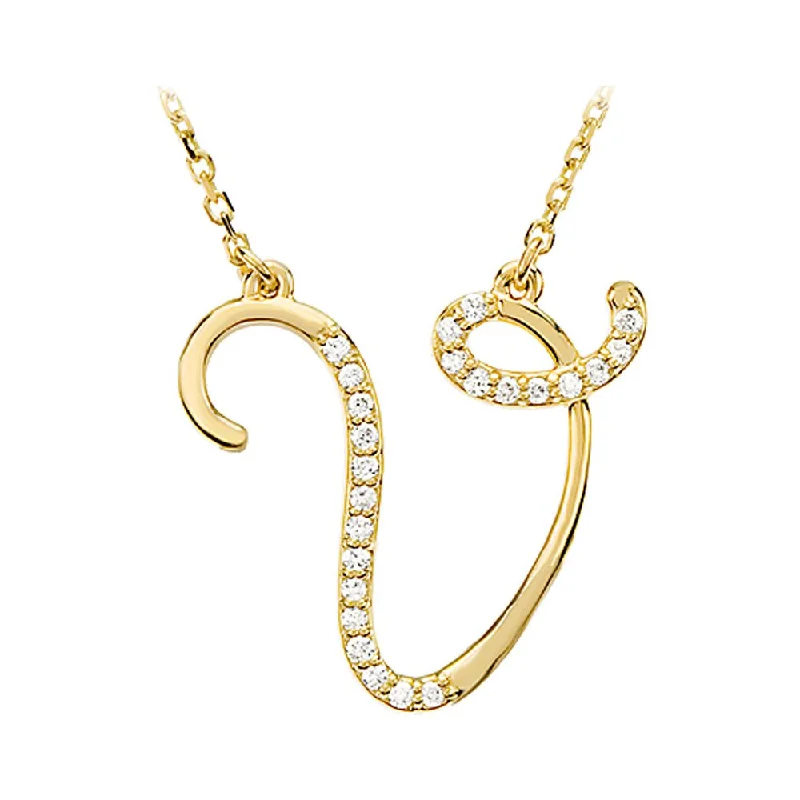 Vintage Gold Necklace for Women-1/8 Ctw Diamond 14k Yellow Gold Medium Script Initial V Necklace, 17in