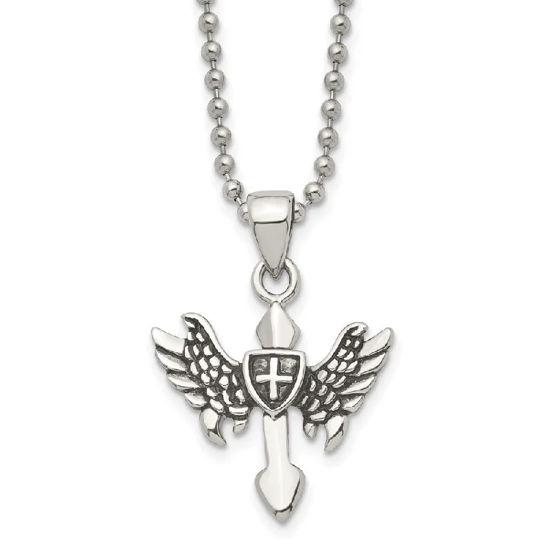 Adjustable Silver Necklace for Comfort-Men's Stainless Steel Small Antiqued Winged Cross Necklace, 20 Inch