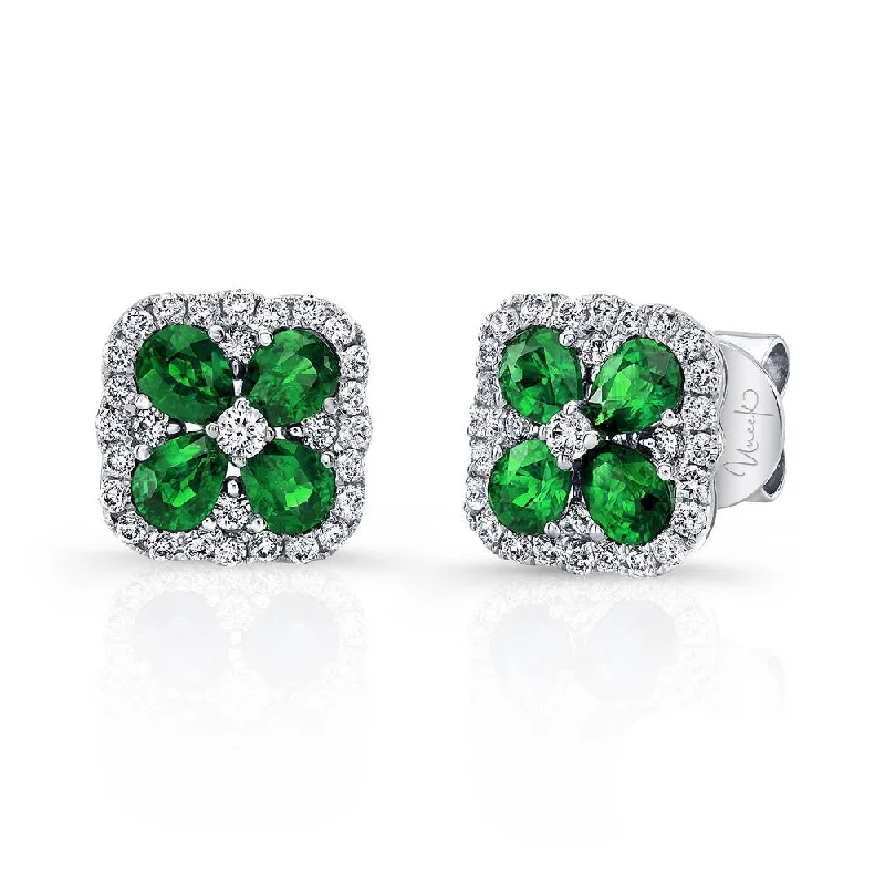 Large Crystal Earrings for Glamorous Look-Uneek Precious Collection Floral Round Emerald Stud Earrings