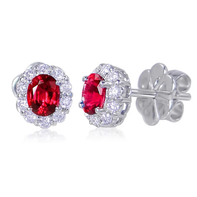 Statement Silver Earrings for Bold Style-Uneek Oval Ruby Stud Earrings with Scalloped Diamond Halos