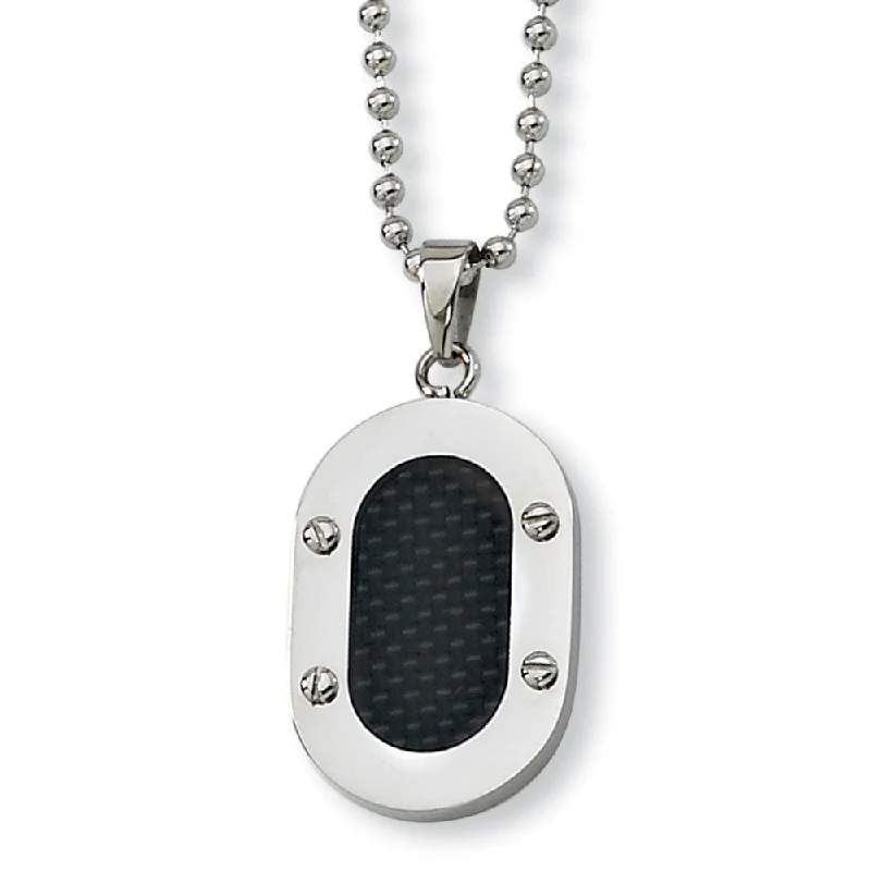 Sparkling Silver Necklace for Special Events-Men's Stainless Steel and Carbon Fiber Oval Necklace, 22 Inch