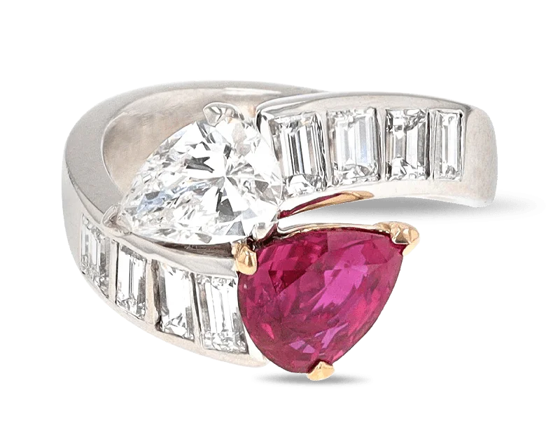 Elegant Engagement Ring with Diamond Accents-Ruby and Diamond Bypass Ring