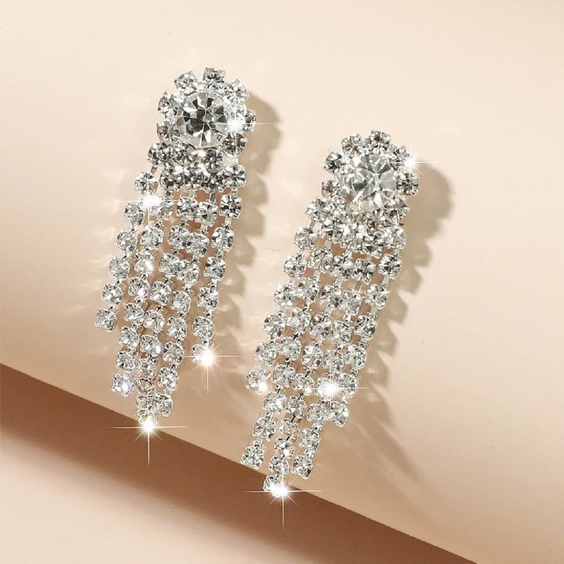 Luxury Pearl Earrings for Brides-Long Tassel Crystal Hanging Wedding Rhinestone Earrings JS-041