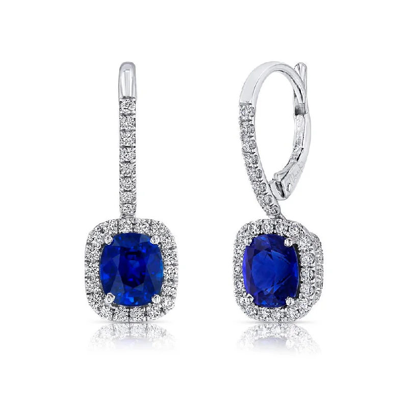 Stud Earrings for Every Day-Uneek Precious Collection Halo Cushion Cut Blue Sapphire Dangle Earrings