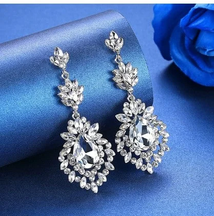 Elegant Gold Earrings for Daytime Wear-MEC-013 Crystal Pearls Long Drop Earrings Bridal Wedding Jewelry