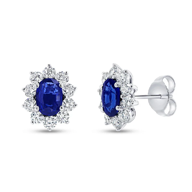 Simple Silver Earrings for Casual Style-Uneek Precious Collection Halo Oval Shaped Blue Sapphire Stud Earrings