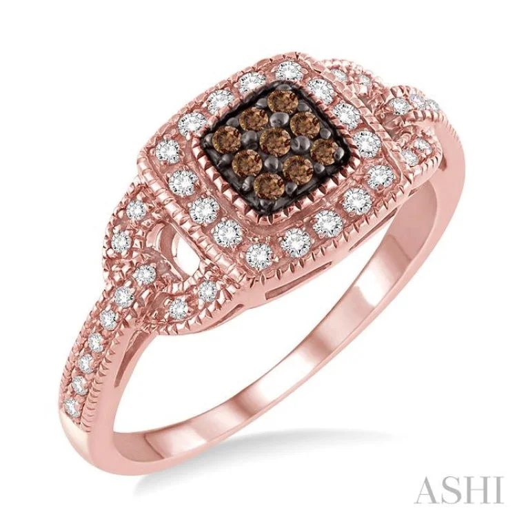 Beautiful Gold Ring with Gemstones-1/3 Ctw Round Cut White and Champagne Brown Diamond Ring in 10K Rose Gold