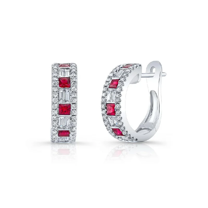 Beautiful Earrings for Fashionable Look-Uneek Precious Collection Princess Cut Ruby Huggie Earrings