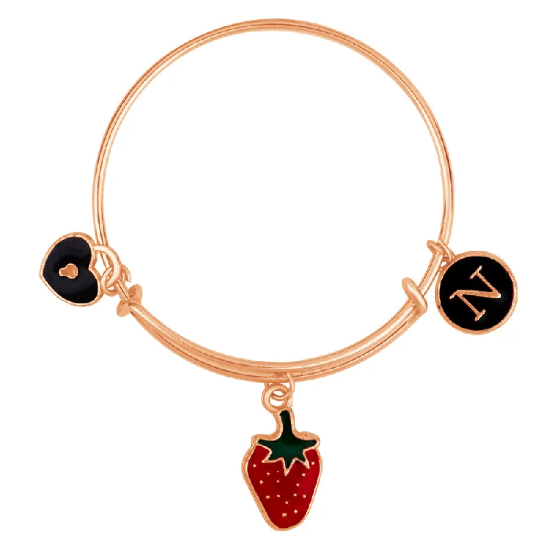 Personalized Gemstone Bangles for Women-Mahi N Letter Strwabery & Heart Lock Shaped Rose Gold Plated Enamel Work Charms Kids Bracelets for Kids (BRK1100964Z)