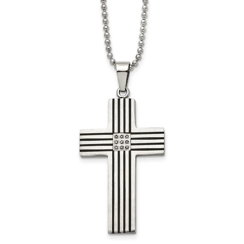 Custom Necklace with Name-Stainless Steel Striped and Black Diamond Cross Necklace - 22 Inch