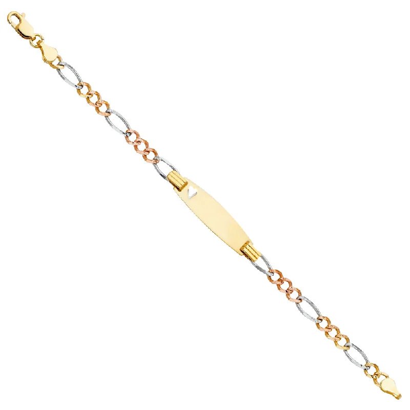 Classic Rose Gold Bracelet for Evening Wear-14K Tri-Color Figaro Oval Baby ID Bracelet