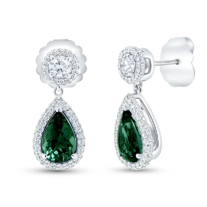 Glamorous Earrings for Night Life-Uneek Precious Collection Double-Halo Pear Shaped Green Tourmaline Anniversary Earrings