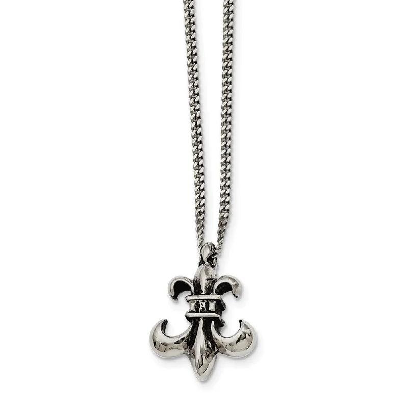 Leather Necklace for Casual Look-Stainless Steel Antiqued Fleur-de-lis Necklace - 18 Inch