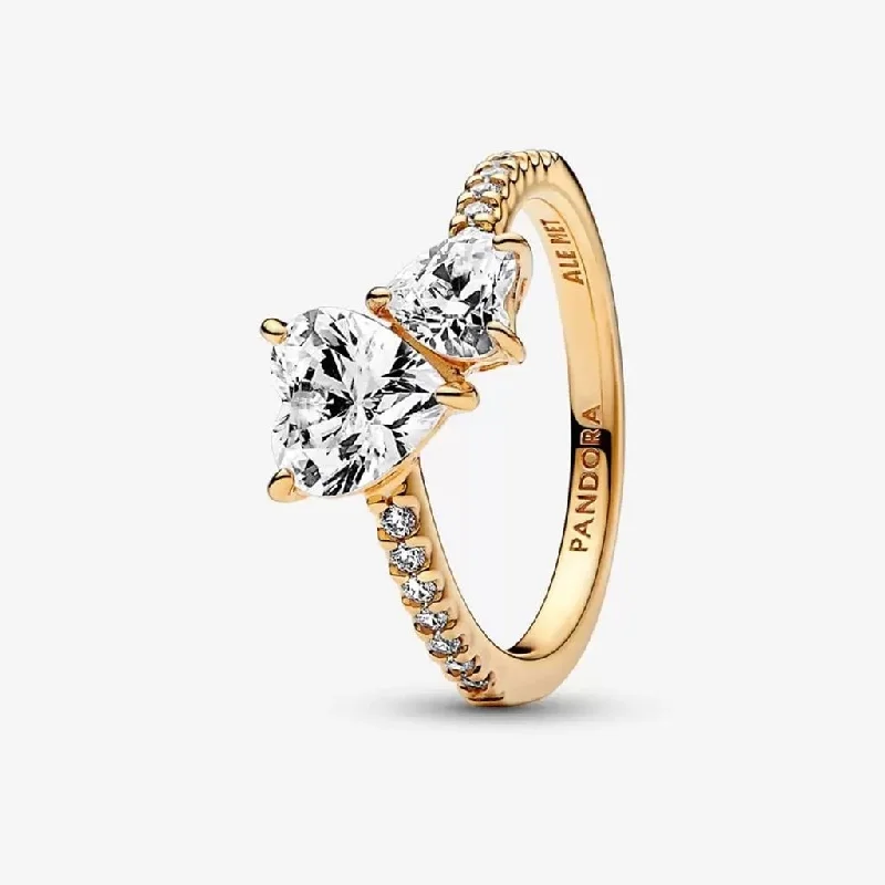 Classic Silver Ring for Casual Wear-PANDORA : Double Heart Sparkling Ring in Gold Plated