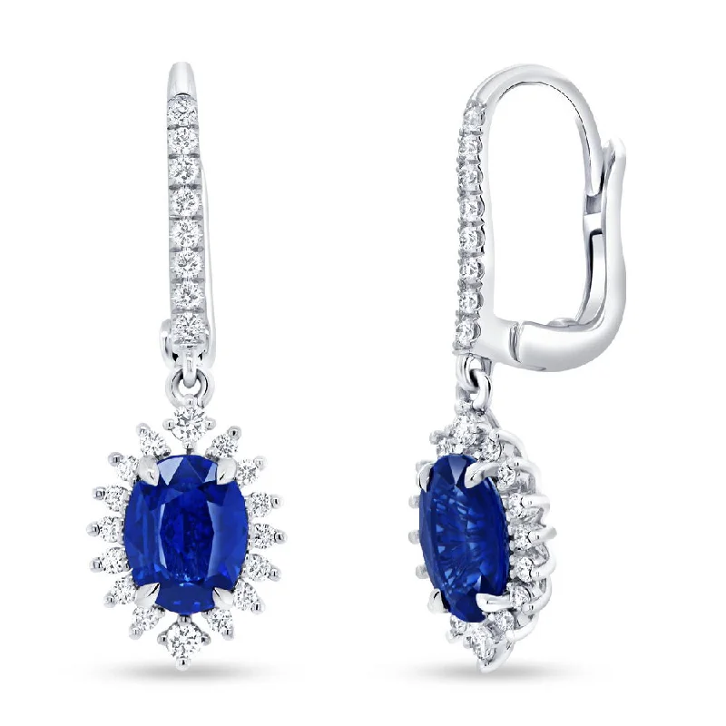 Everyday Earrings for Casual Wear-Uneek Precious Collection Halo Oval Shaped Blue Sapphire Dangle Earrings