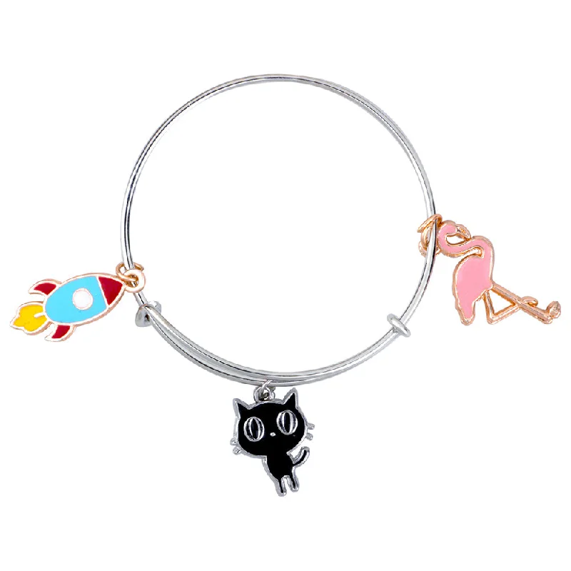 Simple Diamond Bangles for Elegant Look-Mahi Rocket Cat & Swarn Shaped Enamel Work Charms Kids Bracelets for Girls (BRK1100989M)