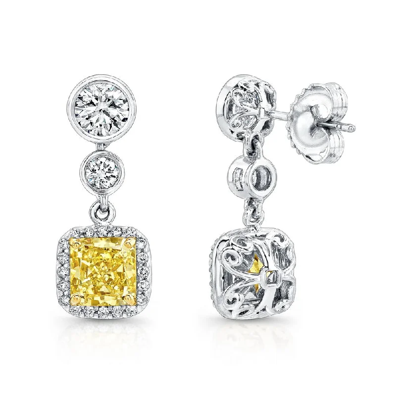 Statement Silver Earrings for Bold Style-Uneek Radiant-Cut Yellow Diamond Halo Dangle Earrings