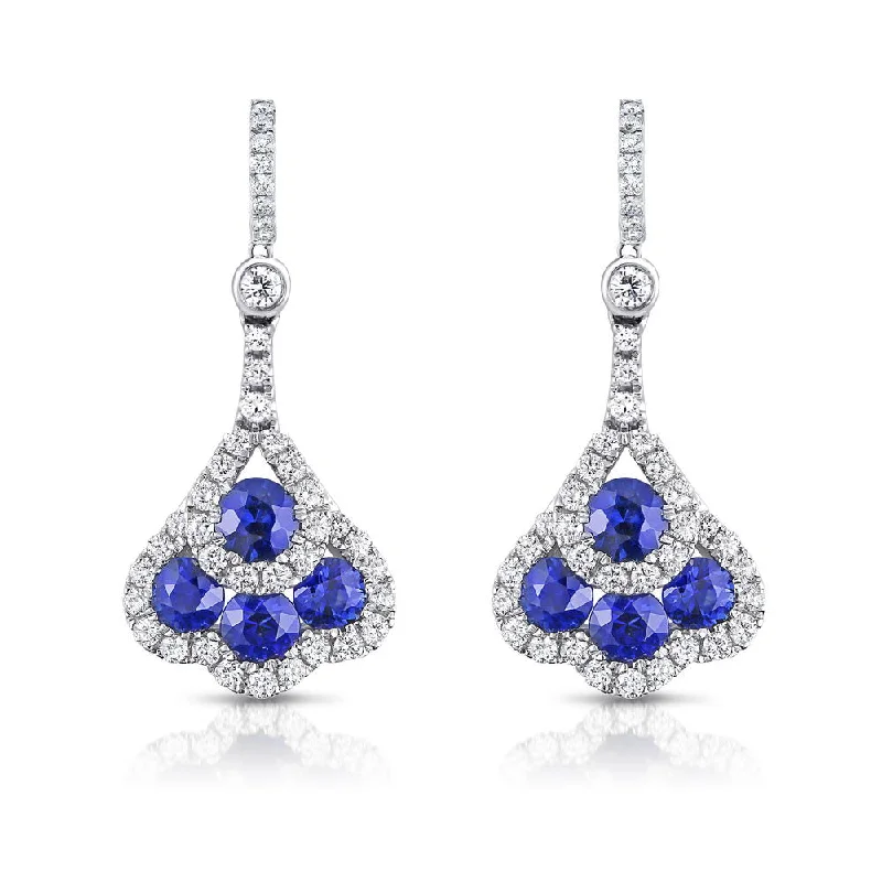 Dazzling Drop Earrings for Formal Wear-Uneek Round Blue Sapphire and Diamond Chandelier-Style Drop Earrings